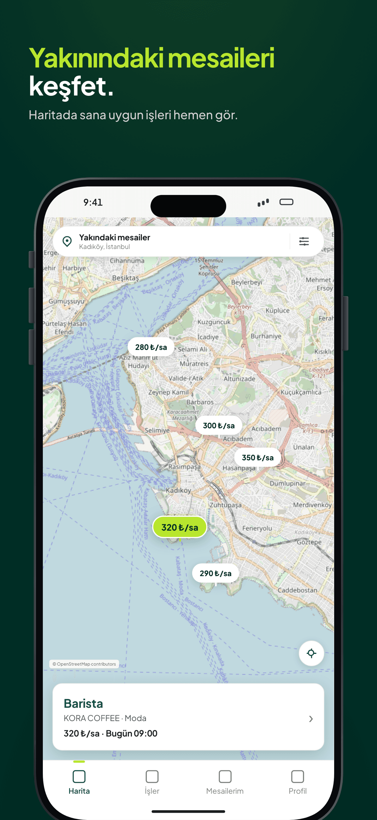 YOMIYE Worker Map ekranında Kadıköy çevresindeki işleri gösteren harita